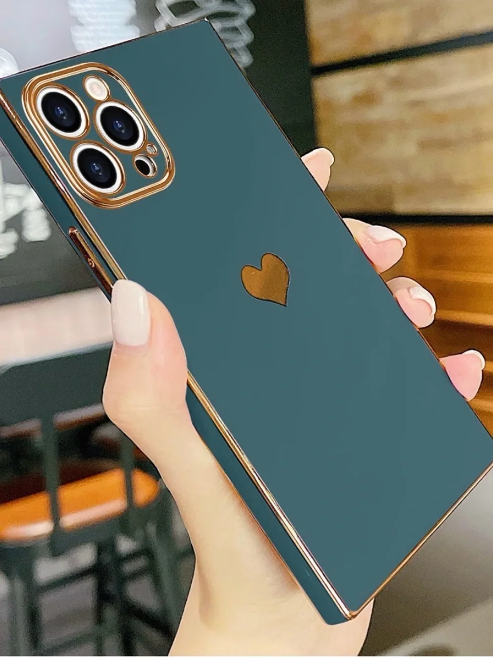 Slim Dark Green Square iPhone Case with Gold Heart and gold trim